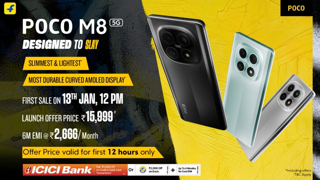 POCO M8 5G Launched in India With Curved AMOLED Display, Military-Grade Durability and 5,520mAh EV-Grade Battery